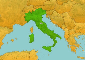 Italy map showing country highlighted in green color with rest of European countries in brown