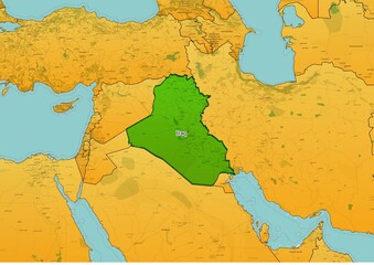 Iraq map showing country highlighted in green color with rest of on the Persian Gulf countries in brown