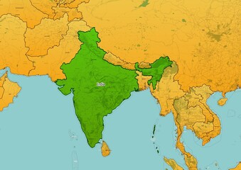 India map showing country highlighted in green color with rest of Asian countries in brown