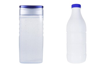 Two plastic bottles on an isolated white background. Clear plastic bottle and white plastic bottle with blue cap