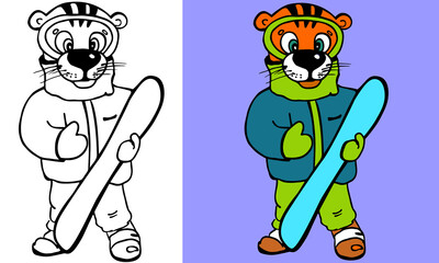 Tiger with snow board cartoon with and without color. Coloring page for kids book. Cute illustration for winter sports poster, winter resort logo