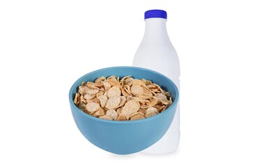 Cornflakes in a bowl and a bottle with milk on an isolated white background. Morning breakfast, healthy food.