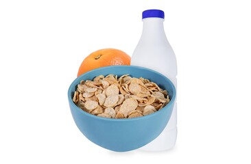 Plastic bottle with milk, fresh orange fruit and a bowl of cornflakes on an isolated white background.
