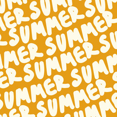 Vector Background Summer. Pattern on yellow with Letters. Texture in the style of a doodle postcard. Vector illustration