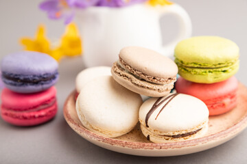 Fototapeta na wymiar Multicolored macaroons with spring snowdrop crocus flowers and cup of coffee on gray pastel background. side view, close up, selective focus.
