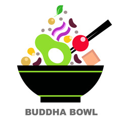 Nourishing Buddha bowl with vegetables. Avocado, quinoa, tofu, purple cabbage, spinach, cherry tomatoes, chickpeas.