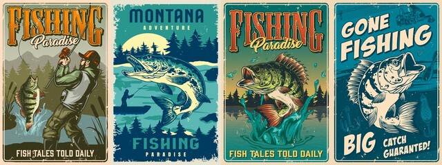 Obraz na płótnie Canvas Fishing vintage colorful posters set