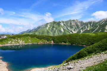 Fototapeta na wymiar 中部山岳国立公園。室堂平・ミクリガ池より立山を望む。立山、富山、日本。8月下旬。