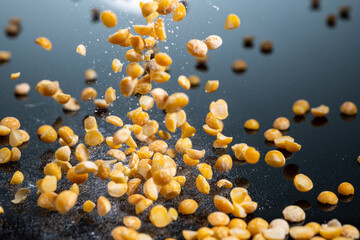 falling halves dried pea seeds for pea soup or puree soup