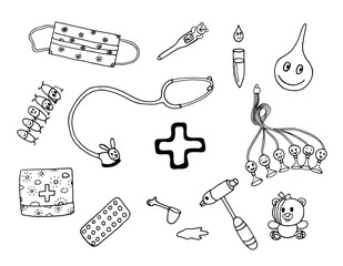 A set of vector monochrome medical icons. Hand-drawn contour pictograms of a thermometer, tablets, test tube, stethoscope, protective mask, neurological hammer, ECG sensor.