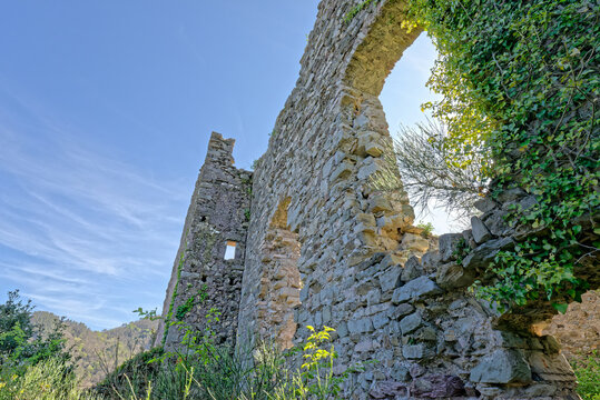 detail of old ruins of a castle near biassa a little village in la spezia