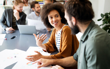 Successful company with happy workers. Business, meeting, office concept