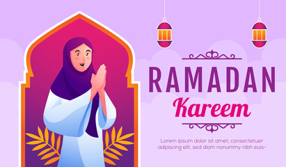 Smiling muslim woman welcoming ramadan kareem
