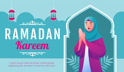 smiling muslim woman welcoming ramadan kareem
