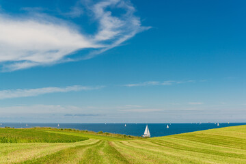 Schleswig-Holstein, Deutschland, April, 2021 - Ostseeküste an der Eckernförder Bucht, Steilküste an einem Feld und Segelbooten auf der Ostsee