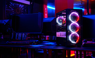 Top-end system unit for gaming computer close up. Inside of illuminated cybercafe. Concept of modern tech, fun, esport, online video games internet cafe - 429972464