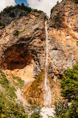 Rinka waterfall located in Logarska dolina national park in Slovenia, Second highest waterfall in Slovenia. Popular hiking destination in the Alps © Zedspider