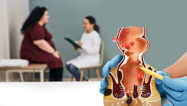 Proctologist consultation. Doctor using rectum anatomical model to analyzing patient's rectal diseases and pathologies