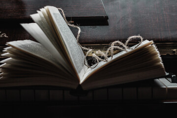 An old book is lying on the piano. Book on the keys