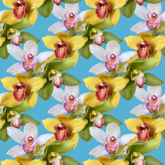Orchid flowers isolated on light blue background seamless pattern. Textile pattern