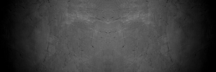 Old wall texture cement dark black gray panorama background abstract grey color design are light with white gradient background.
