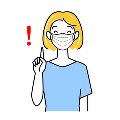 指差しポーズ 笑顔でマスクをしている爽やかな女性 イラスト シンプル ベクター 