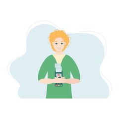 Smiling man holds a wireless terminal, Modern bank payment device. Pay by card concept. The internet store, online shop, web buying and paying. Cartoon design in vector.