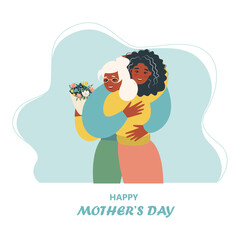 Young girl with her old mother. daugher and mother hug each other. Mothers day concept media. Vector flat design illustration. 