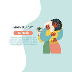 Young girl with her old mother. daugher and mother hug each other. Mothers day concept media. Vector flat design illustration. 