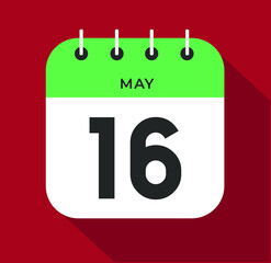 May day 16. Number sixteen on a white paper with green color border on a red background vector.