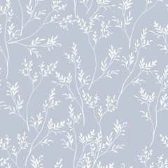 Seamless natural pattern. White tree branches with leaves on a blue background. Botanical illustration. Design of wallpaper, fabrics, textiles, packaging, posters, postcards, wedding design.
