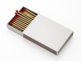 Matches inside open matchbox isolated on white background. 3D illustration