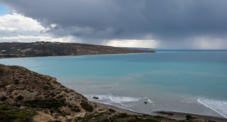 Stormy sky with dramatic clouds and sea. Stormy weather at the ocean