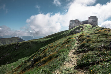 view of old observatory at carpathian mountain peak