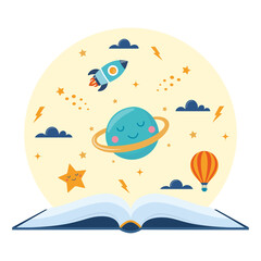 Open book and space elements. Planet, rocket, star, cloud, aerostat. Education concept for kids. Knowledge, creativity, discoveries. Design for educational motivational poster. Back to school. Vector.
