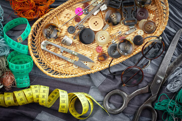 Threads, needles and sewing items.