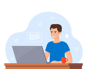 Fototapeta na wymiar Young man working on laptop at home office. Freelancer at work, remote work. Young man sitting at a desk with a laptop and coffee cup. Flat style color modern vector illustration.