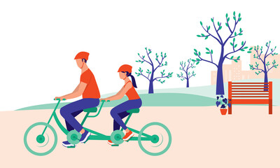 Young Couple Riding Bicycle In The Park. Healthy Lifestyles Concept. Vector Flat Cartoon Illustration. Young Couple Cycling And Dating.