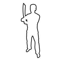 Man with sword machete Cold weapons in hand military man Soldier Serviceman in positions Hunter with knife Fight poses Strong defender Warrior concept Weaponry Stand contour outline black color 