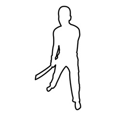 Man with sword machete Cold weapons in hand military man Soldier Serviceman in positions Hunter with knife Fight poses Strong defender Warrior concept Weaponry Stand contour outline black color 