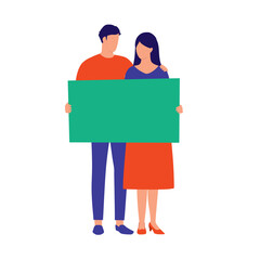 Young Couple Holding A Blank Sign. Notice And Announcement Concept. Vector Flat Cartoon Illustration. Married Couple With Empty Placard.