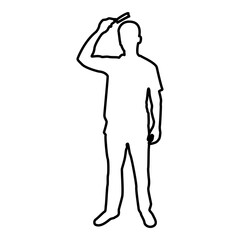 Man is combing hair use hairbrush Front view contour outline black color vector illustration flat style image