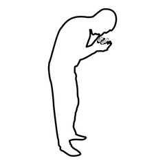 Man wash face water Male cleansing facial Washes his Concept cares about his look Hygiene Bubbles in hand contour outline black color vector illustration flat style image