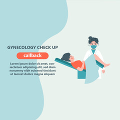 Gynecologist doctor examining woman lying in gynecological chair. Cervix checkup screening appointment. Female visiting gynecologist. Flat vector illustration

