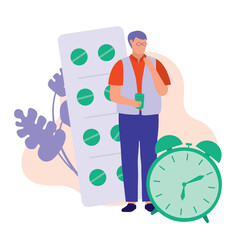 Old Man Reminded To Take Medicine. Medication And Reminder Concept. Vector Flat Cartoon Illustration. Senior Man Holding A Glass Of Water And Pills.