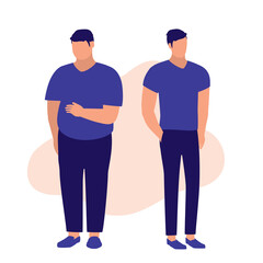 Man Before And After Weight Loss. Body Conscious Concept. Vector Flat Cartoon Illustration. Overweight And Slim Man Before And After Diet.