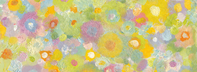 Pastel positive color stylized texture wide abstract background as kids room wallpaper, pattern, art print, tv art, etc.
Natural texture of oil paint. High-quality details.
