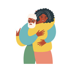 Young girl with his old father. daugher and father hug each other. Fathers day concept media. Vector flat design illustration. 

