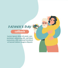 Young man with his old father. Son and father hug each other. Fathers day concept media. Vector flat design illustration. 