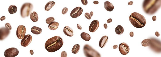 Dark aromatic roasts beans coffee levitate in the air on white background with copyspace. Coffee beans in flight.